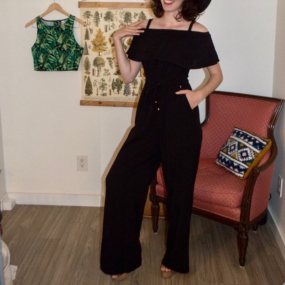 Black Guess Strapless Off-The-Shoulder Jumpsuit - Picture 2 of 10